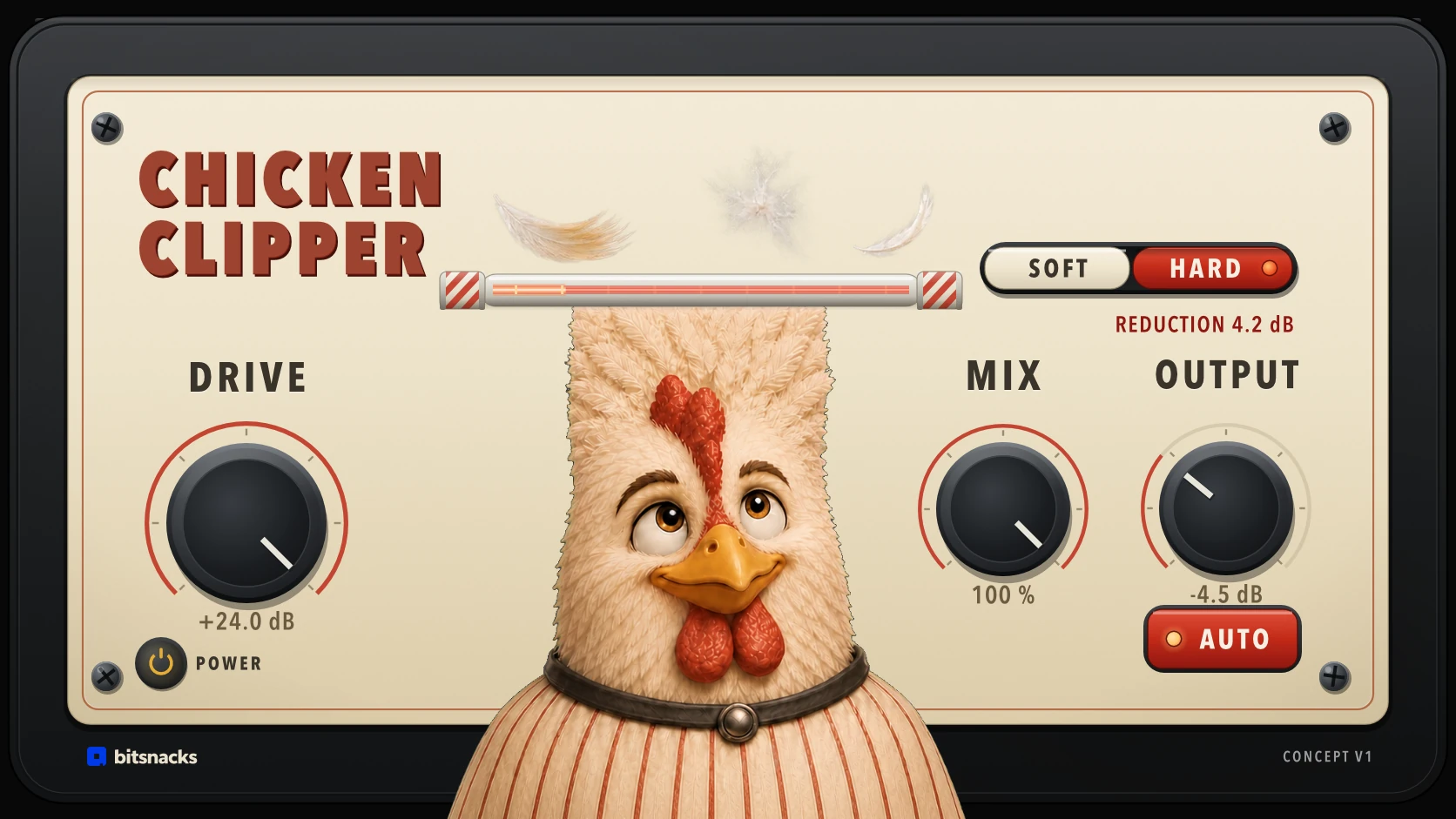 Chicken Clipper in Hard mode, with Drive, Soft or Hard Shape, Mix, Output, Auto and Power on one panel
